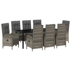 vidaXL Garden Dining Set with Cushion 9 pcs Grey Poly Rattan
