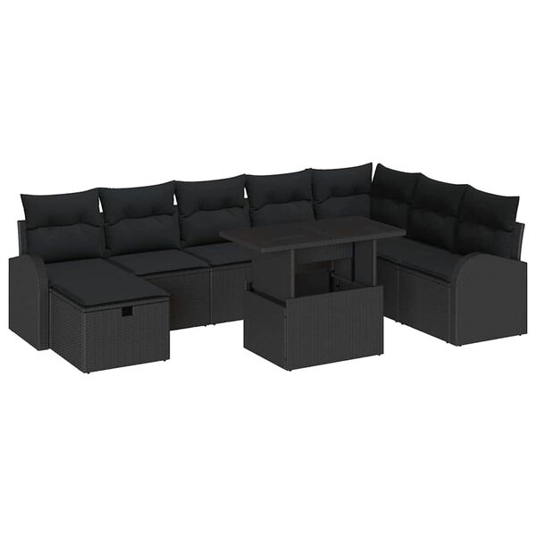 vidaXL Garden Sofa Set with Cushion 9 pcs Black Poly rattan