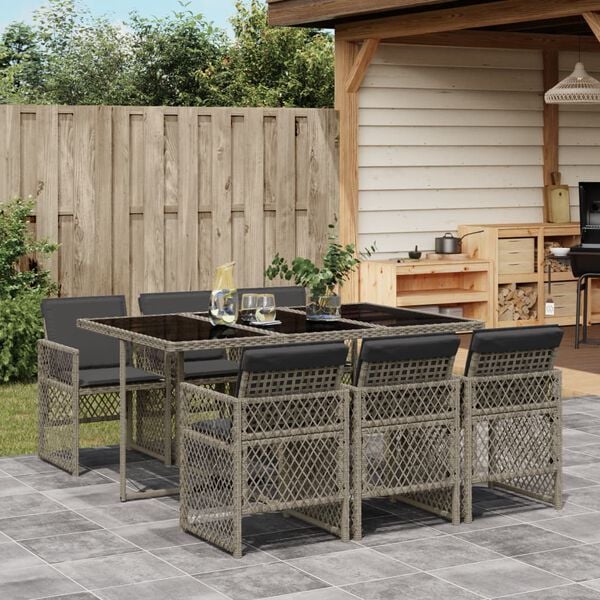 vidaXL 7 Piece Garden Dining Set with Cushions Grey Poly Rattan