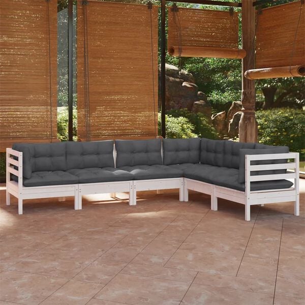 vidaXL 6 Piece Garden Lounge Set with Cushions White Solid Pinewood