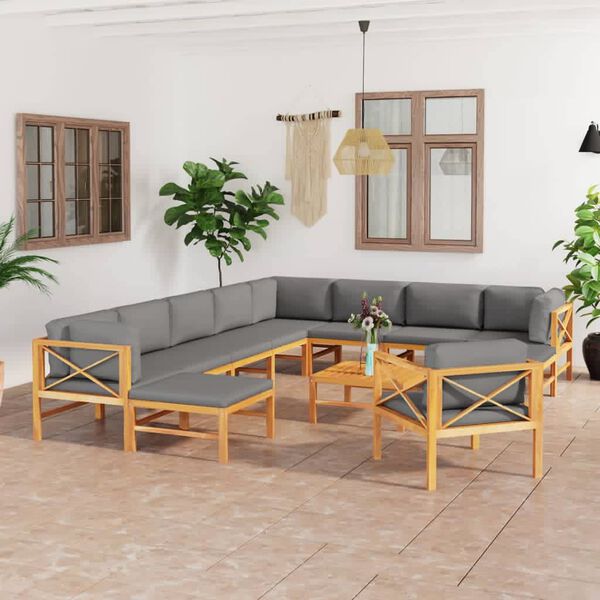 vidaXL 12 Piece Garden Lounge Set with Grey Cushions Solid Wood Teak