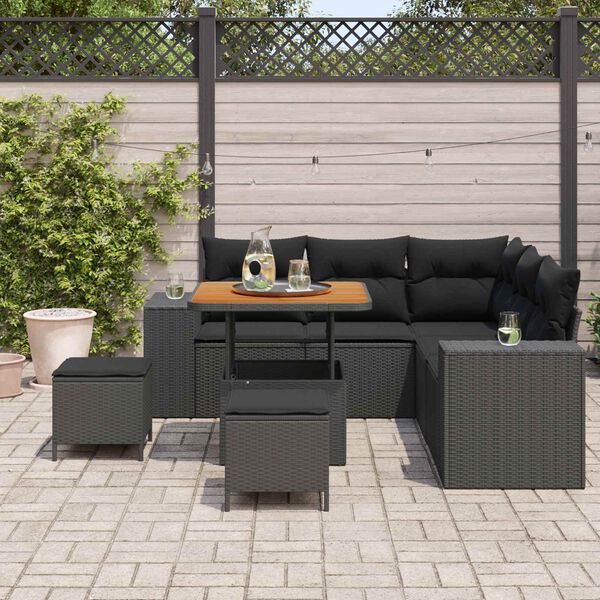 vidaXL Garden Sofa Set with Cushion 8 pcs Black Poly Rattan