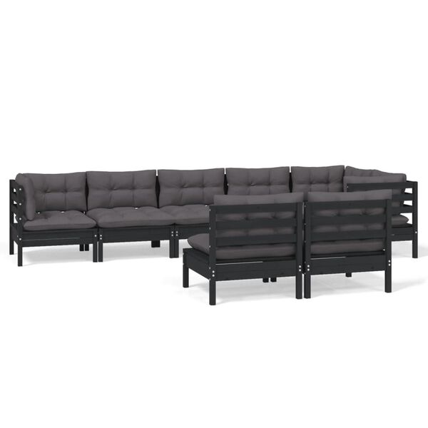 vidaXL 8 Piece Garden Lounge Set with Cushions Black Solid Pinewood