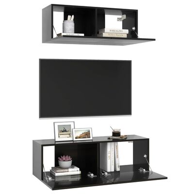 3079437 vidaXL 2 Piece TV Cabinet Set High Gloss Black Chipboard (801479+801488)