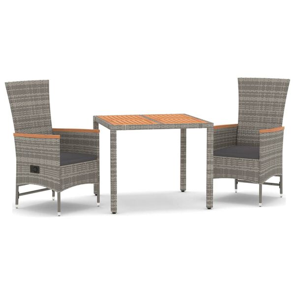 vidaXL 3 Piece Garden Dining Set with Cushions Grey Poly Rattan