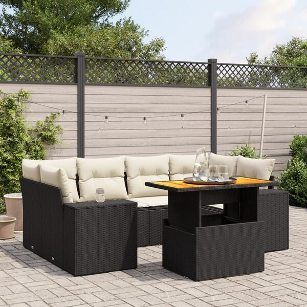 vidaXL 7 Piece Garden Sofa Set with Cushions Black Poly Rattan