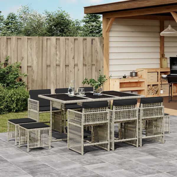vidaXL 11 Piece Garden Dining Set with Cushions Light Grey Poly Rattan