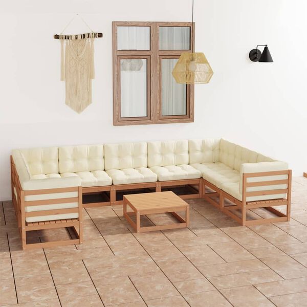 vidaXL 10 Piece Garden Lounge Set&Cushions Honey Brown Solid Pinewood