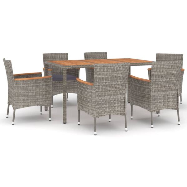 vidaXL 7 Piece Garden Dining Set with Cushions Grey Poly Rattan