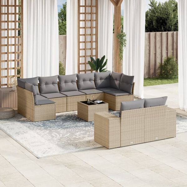 vidaXL 10 Piece Garden Sofa Set with Cushions Beige Poly Rattan