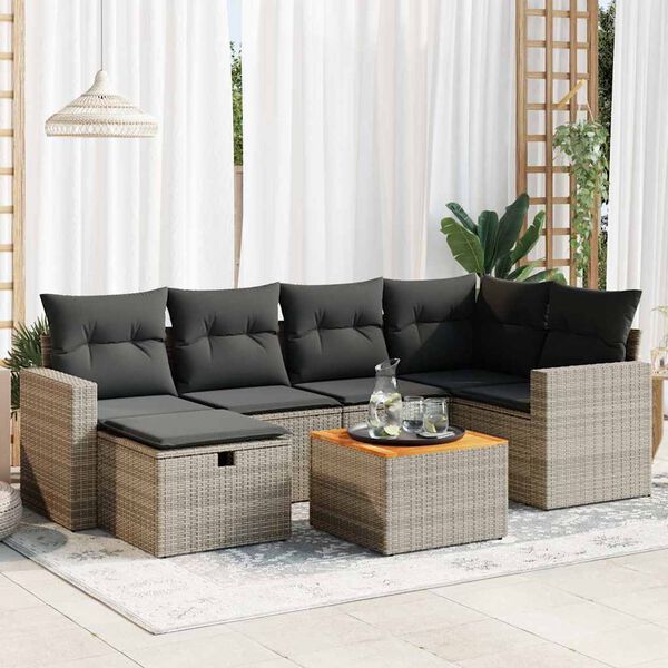 vidaXL 7 Piece Garden Sofa Set with Cushions Grey Poly Rattan