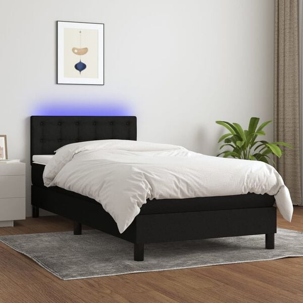 vidaXL Box Spring Bed with Mattress&LED Black 106x203 cm King Single Size Fabric