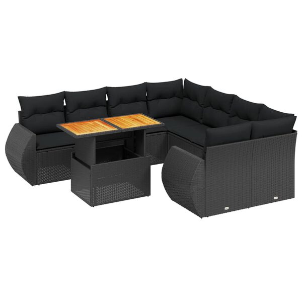 vidaXL 9 Piece Garden Sofa Set with Cushions Black Poly Rattan