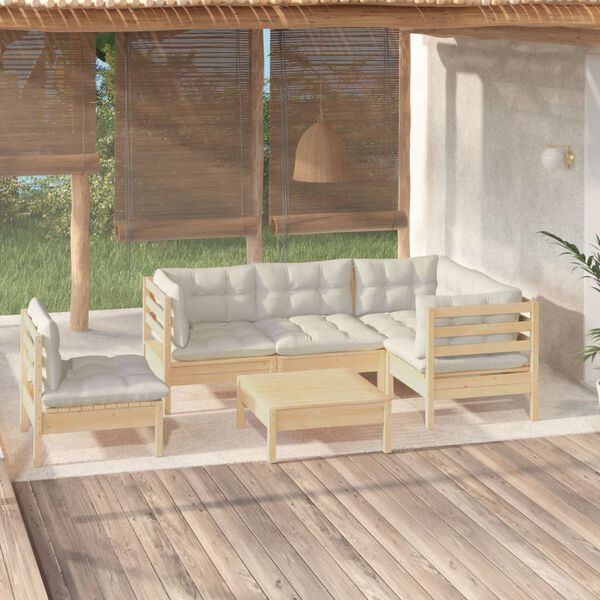 vidaXL 6 Piece Garden Lounge Set with Cream Cushions Pinewood