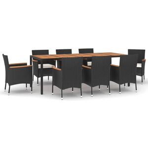 vidaXL 9 Piece Garden Dining Set with Cushions Black Poly Rattan