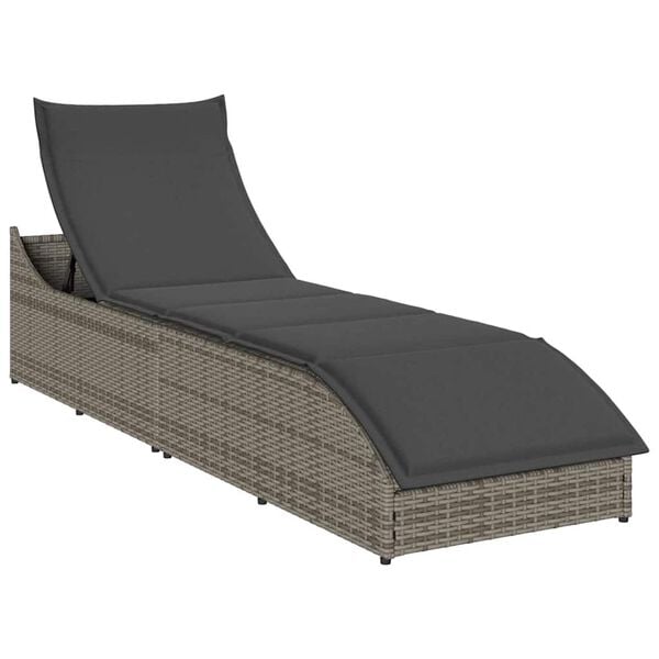 vidaXL Folding Sun Lounger with Cushion and Storage Grey Poly Rattan