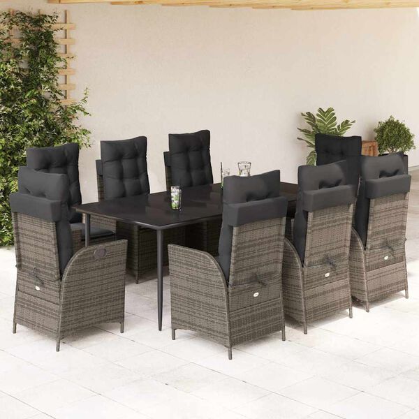 vidaXL 9 Piece Garden Dining Set with Cushions Grey Poly Rattan
