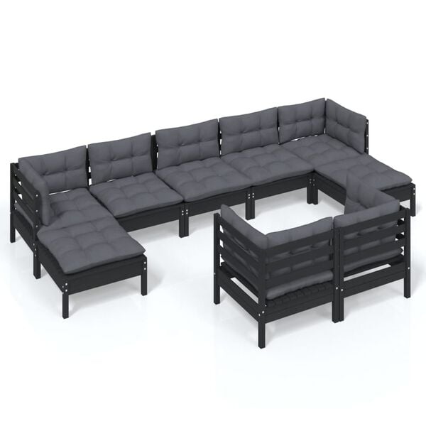 vidaXL 9 Piece Garden Lounge Set with Cushions Black Solid Pinewood