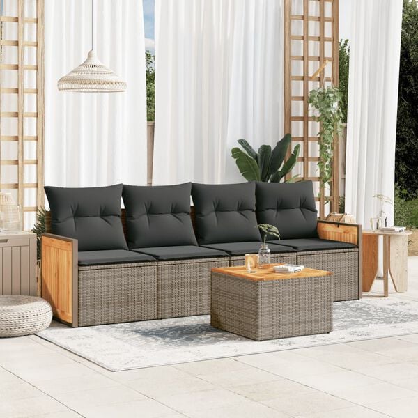vidaXL 5 Piece Garden Sofa Set with Cushions Grey Poly Rattan
