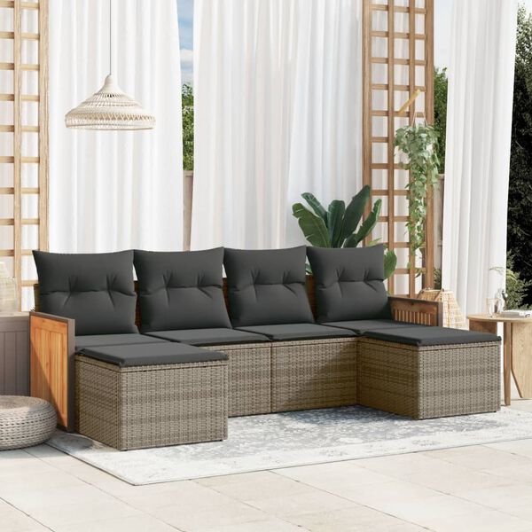 vidaXL 6 Piece Garden Sofa Set with Cushions Grey Poly Rattan