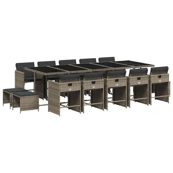 vidaXL 15 Piece Garden Dining Set with Cushions Grey Poly Rattan