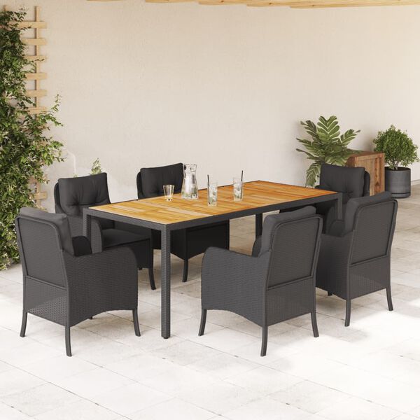 vidaXL 7 Piece Garden Dining Set with Cushions Black Poly Rattan