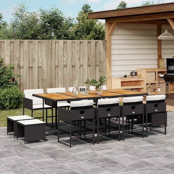 vidaXL 13 Piece Garden Dining Set with Cushions Black Poly Rattan