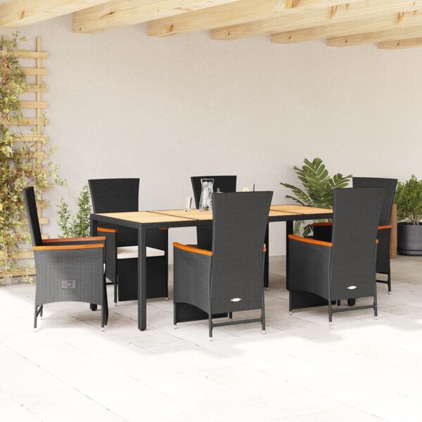 vidaXL 7 Piece Garden Dining Set with Cushions Black Poly Rattan