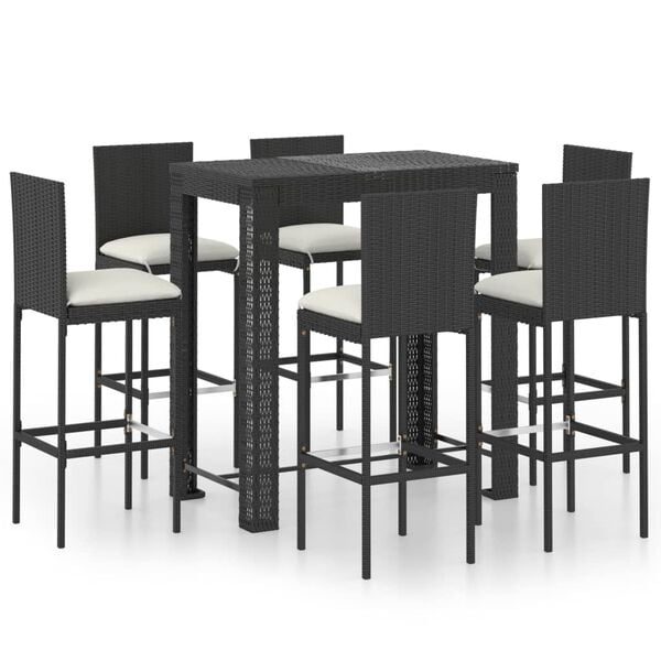 vidaXL 7 Piece Outdoor Bar Set with Cushions Poly Rattan Black