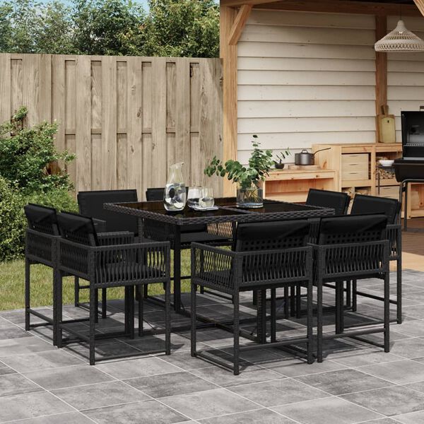 vidaXL 9 Piece Garden Dining Set with Cushions Black Poly Rattan
