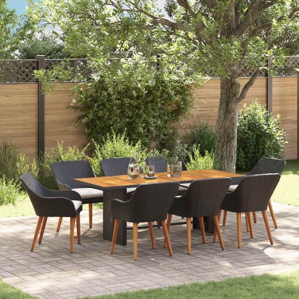 vidaXL Garden Dining Set with Cushion 9 pcs Black Poly Rattan