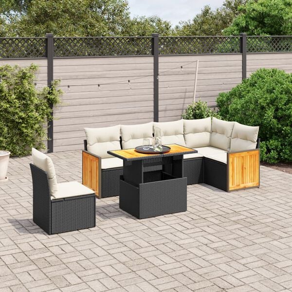vidaXL 7 Piece Garden Sofa Set with Cushions Black Poly Rattan