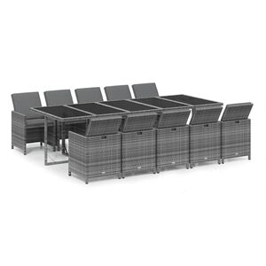 vidaXL 11 Piece Garden Dining Set with Cushions Poly Rattan Grey
