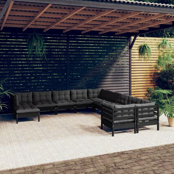 vidaXL 11 Piece Garden Lounge Set with Cushions Black Pinewood