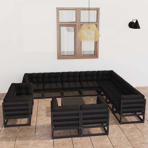 vidaXL 13 Piece Garden Lounge Set with Cushions Black Solid Pinewood
