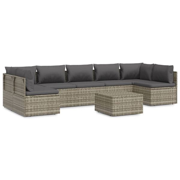 vidaXL 8 Piece Garden Lounge Set with Cushions Grey Poly Rattan