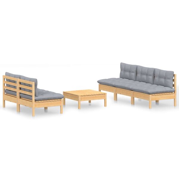 vidaXL 6 Piece Garden Lounge Set with Grey Cushions Pinewood