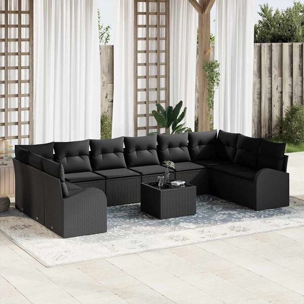 vidaXL Sofa Set with Cushion 11 pcs Black Poly Rattan