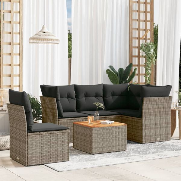 vidaXL 6 Piece Garden Sofa Set with Cushions Grey Poly Rattan