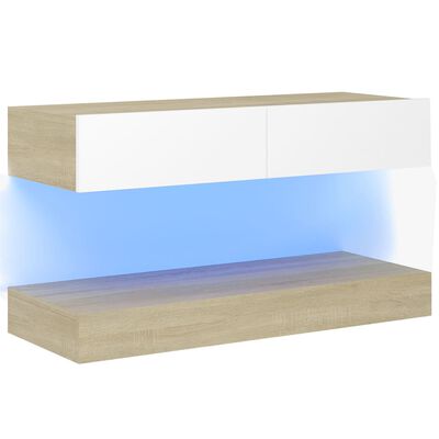 vidaXL TV Cabinet with LED Lights White and Sonoma Oak 90x35 cm