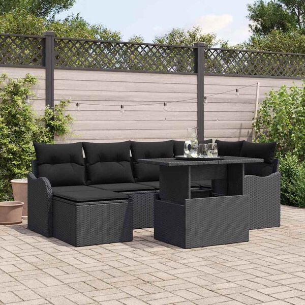 vidaXL Garden Sofa Set with Cushion 7 pcs Black Poly rattan