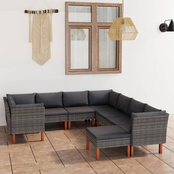 vidaXL 9 Piece Garden Lounge Set with Cushions Poly Rattan Grey
