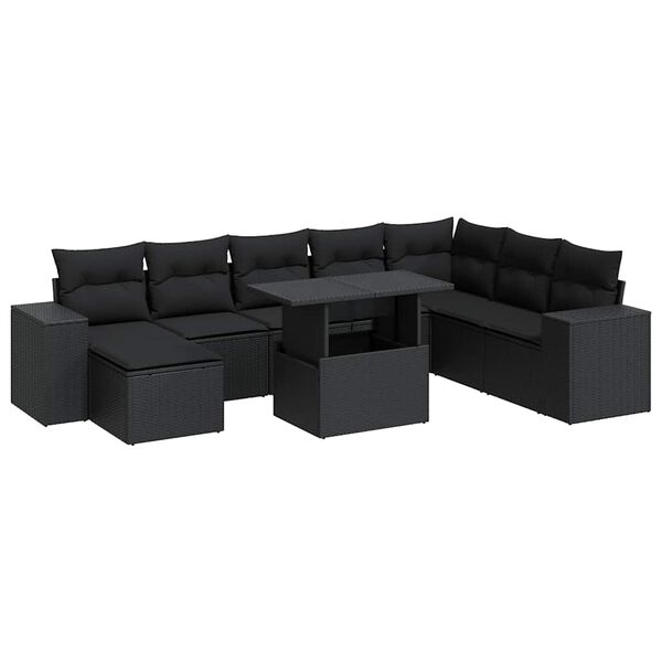 vidaXL 9 Piece Garden Sofa Set with Cushions Black Poly Rattan