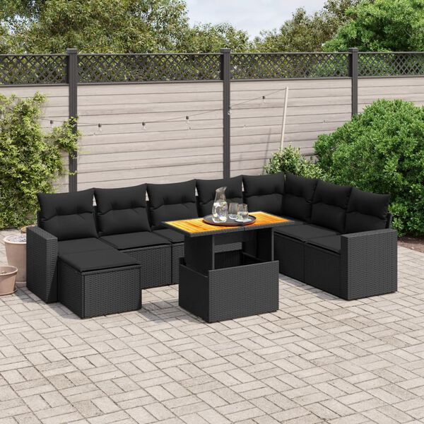 vidaXL 9 Piece Garden Sofa Set with Cushions Black Poly Rattan