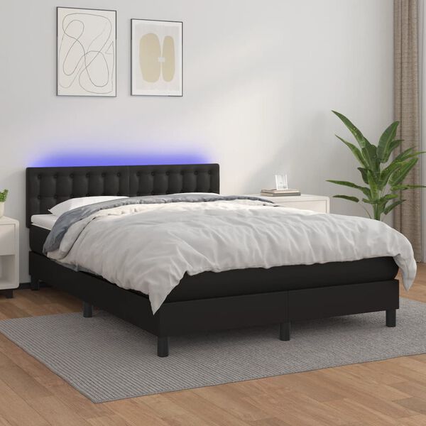 vidaXL Box Spring Bed with Mattress&LED Black 137x187 cm Double Size Faux Leather