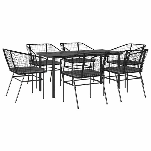 vidaXL 7 Piece Garden Dining Set with Cushions Black Poly Rattan Glass