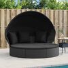 vidaXL Outdoor Lounge Bed with Canopy and Cushions Black Poly Rattan