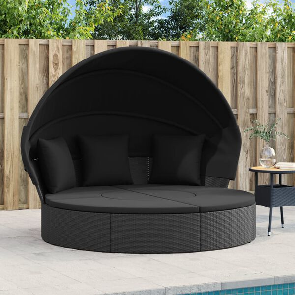 vidaXL Outdoor Lounge Bed with Canopy and Cushions Black Poly Rattan