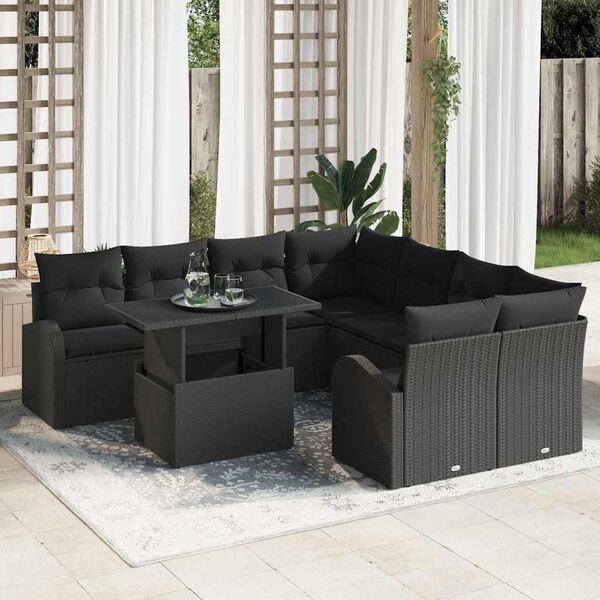 vidaXL Garden Sofa Set with Storage 9 pcs Black Poly Rattan