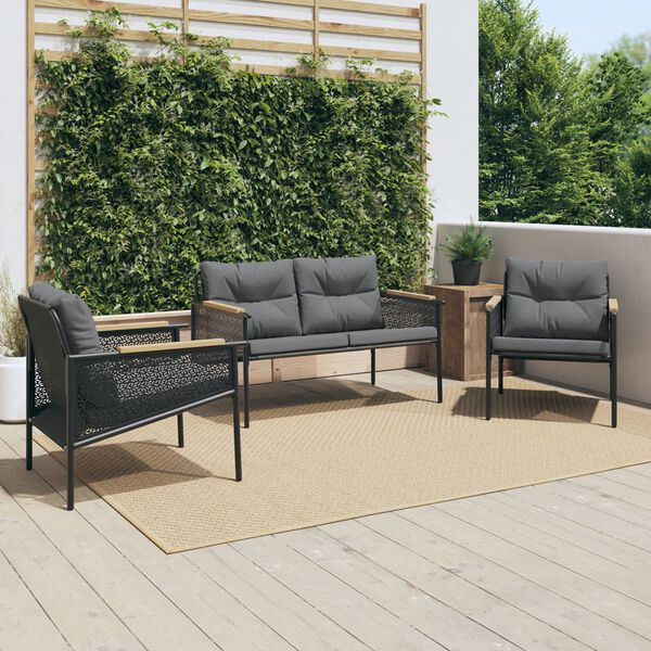 vidaXL 3 Piece Balcony Furniture Set with Cushions Black Steel